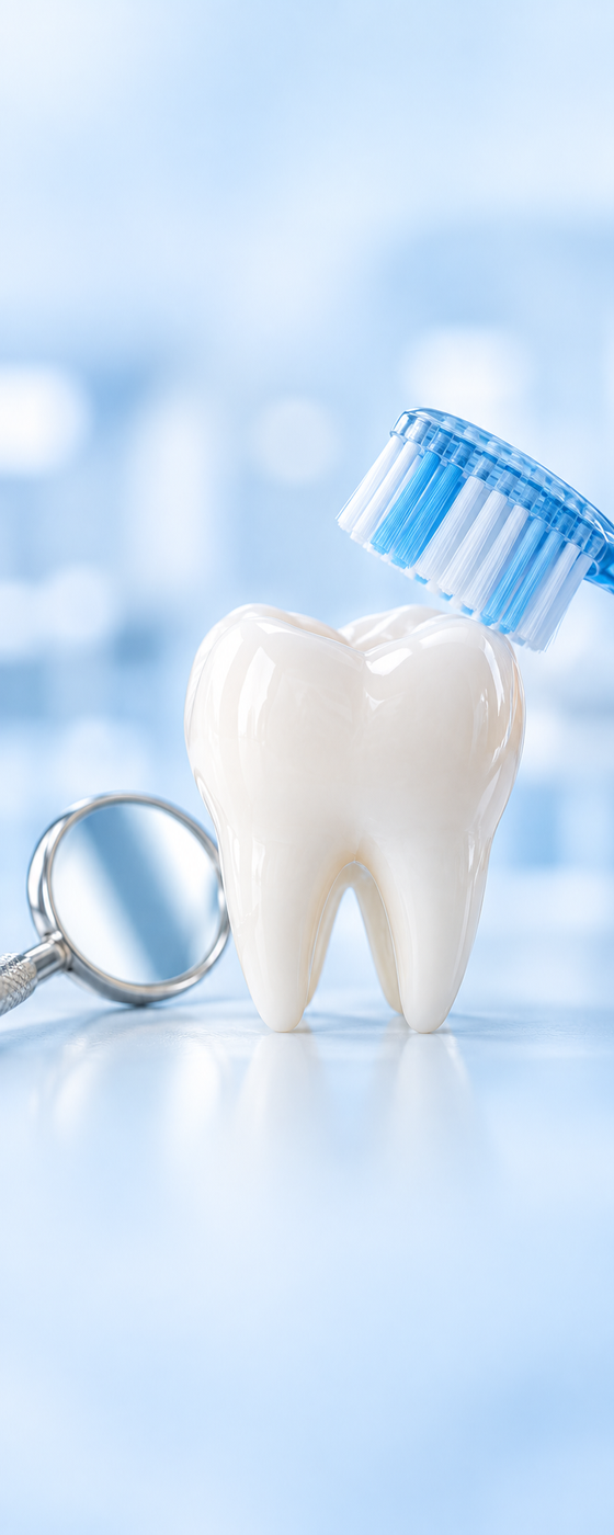 Strumenti per l’igiene orale professionale accanto a un modello di dente